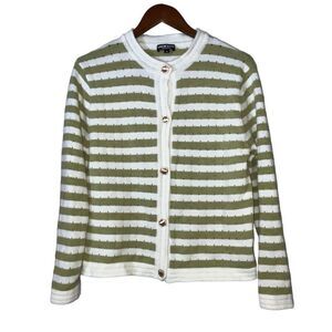 Women's Frenchy Green & White Striped Cardigan Sweater